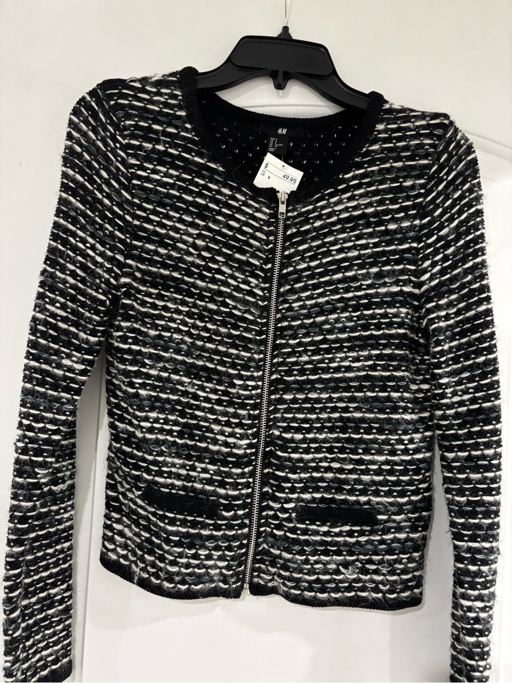 H&M Black & White Bouclé Zip Jacket